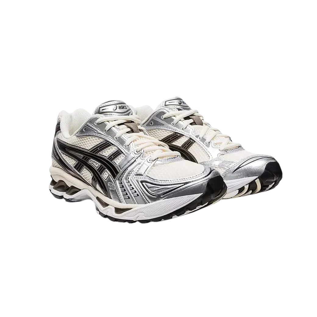 JeevzPlug ASICS Gel-Kayano 14 sneakers in cream, black, and metallic plum with leather and mesh upper.
