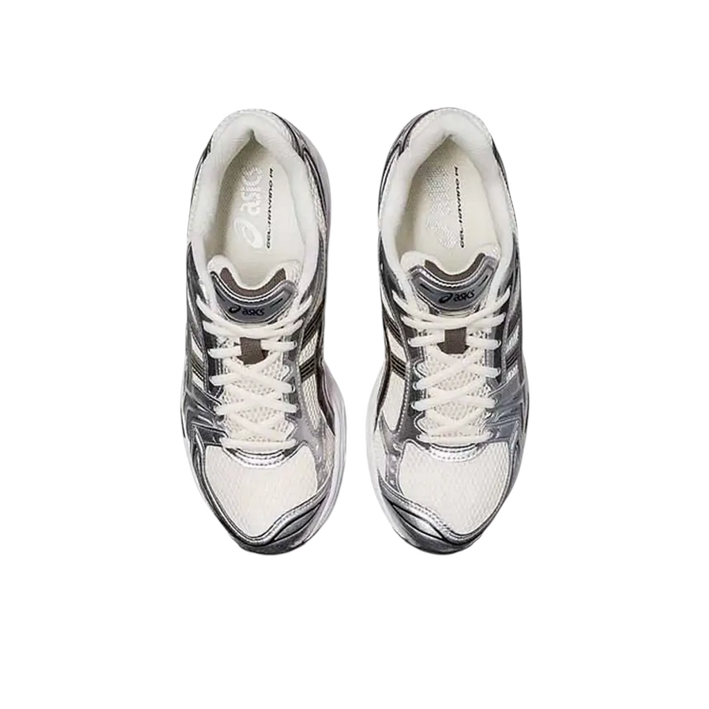 JeevzPlug ASICS Gel-Kayano 14 sneakers in cream, black, and metallic plum with leather and mesh upper, top-down view.