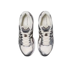 JeevzPlug ASICS Gel-Kayano 14 sneakers in cream, black, and metallic plum with leather and mesh upper, top-down view.