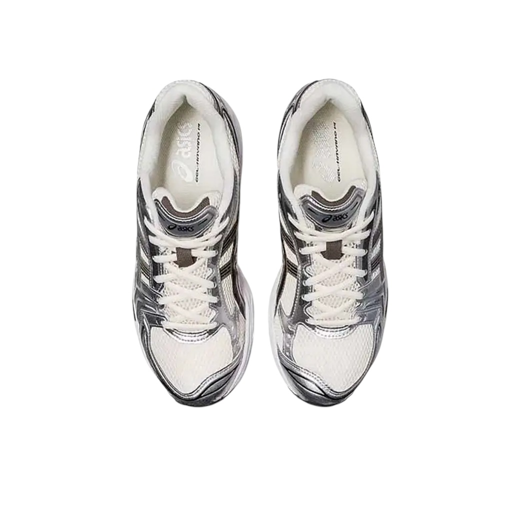 JeevzPlug ASICS Gel-Kayano 14 sneakers in cream, black, and metallic plum with leather and mesh upper, top-down view.