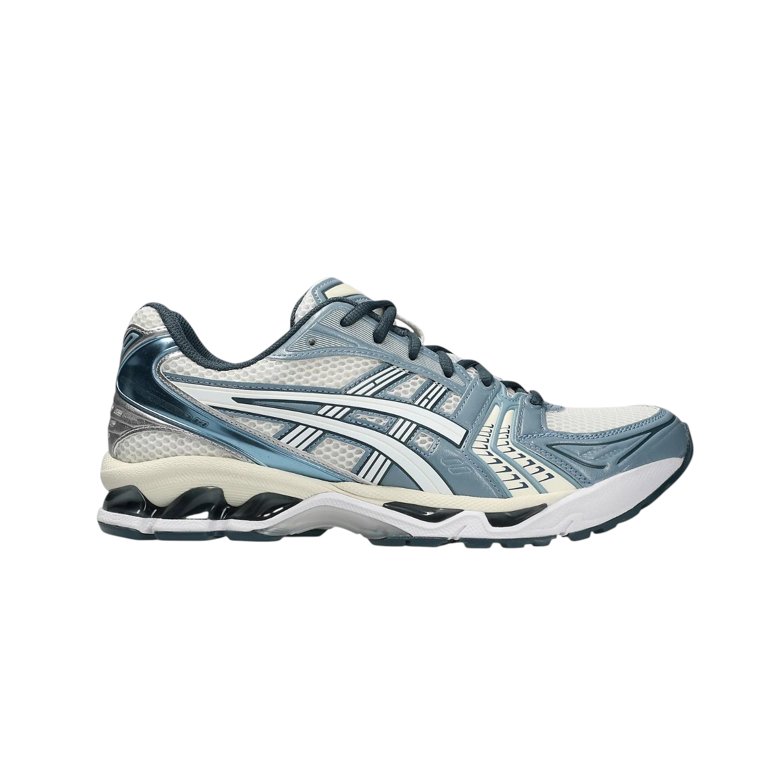 JeevzPlug ASICS Gel-Kayano 14 sneaker in cream mesh with raw indigo overlays and signature GEL cushioning side view