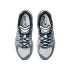 JeevzPlug ASICS Gel-Kayano 14 sneakers in cream mesh with raw indigo overlays, top-down view of performance runners.