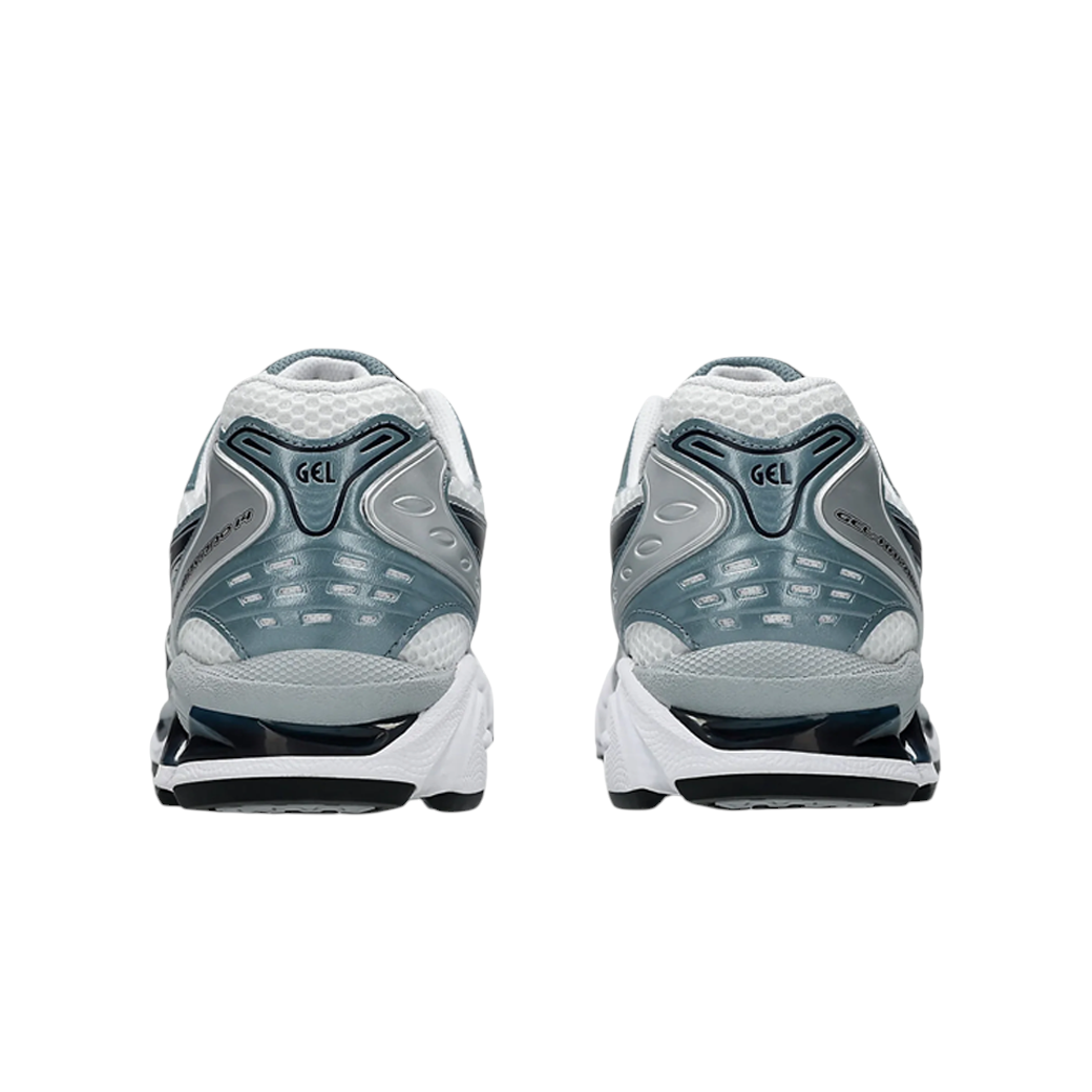 Rear view of JeevzPlug ASICS Gel-Kayano 14 sneakers in Fjord Grey featuring mesh and synthetic layered design.
