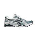 JeevzPlug ASICS Gel-Kayano 14 sneaker in Fjord Grey and white with mesh upper and metallic accents