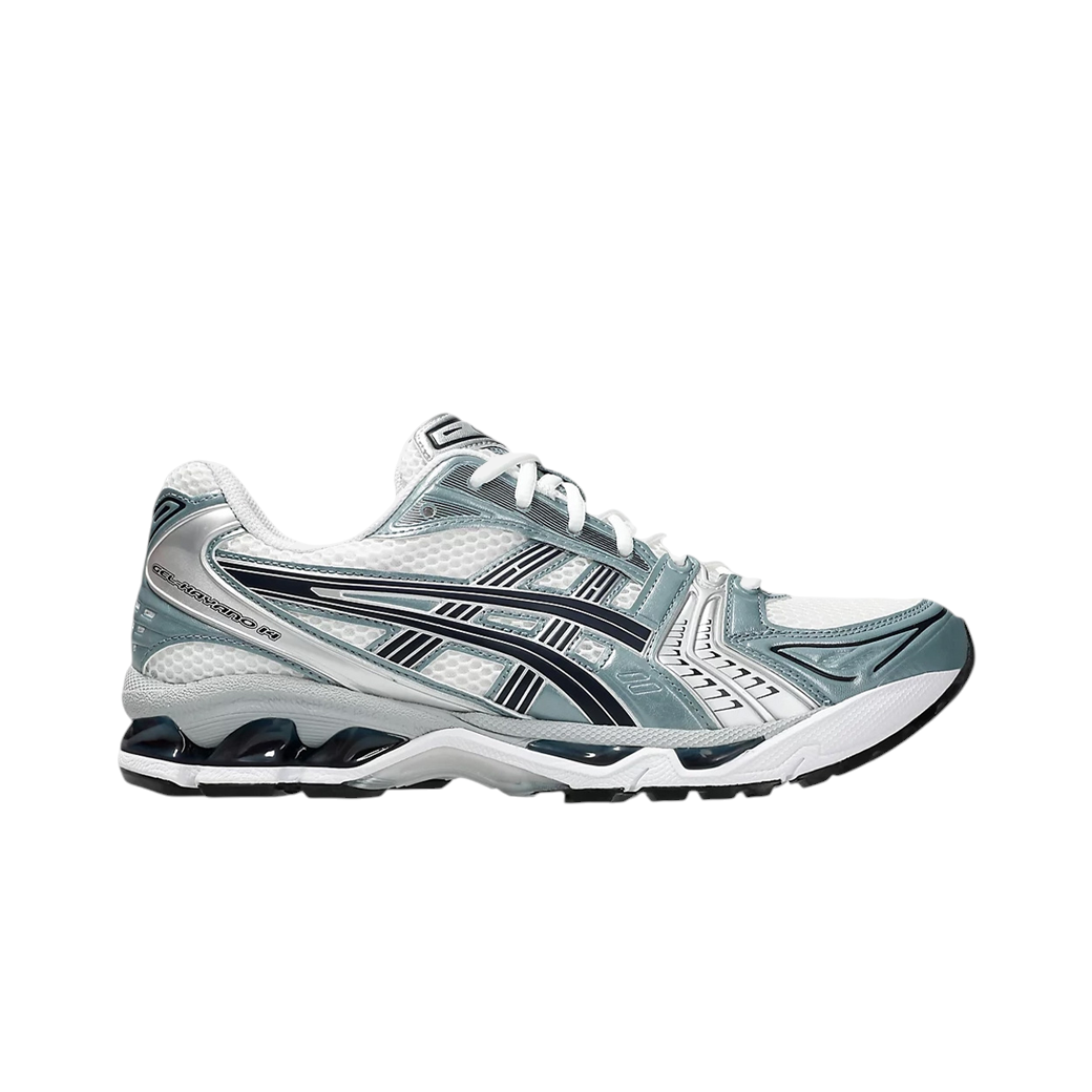 JeevzPlug ASICS Gel-Kayano 14 sneaker in Fjord Grey and white with mesh upper and metallic accents