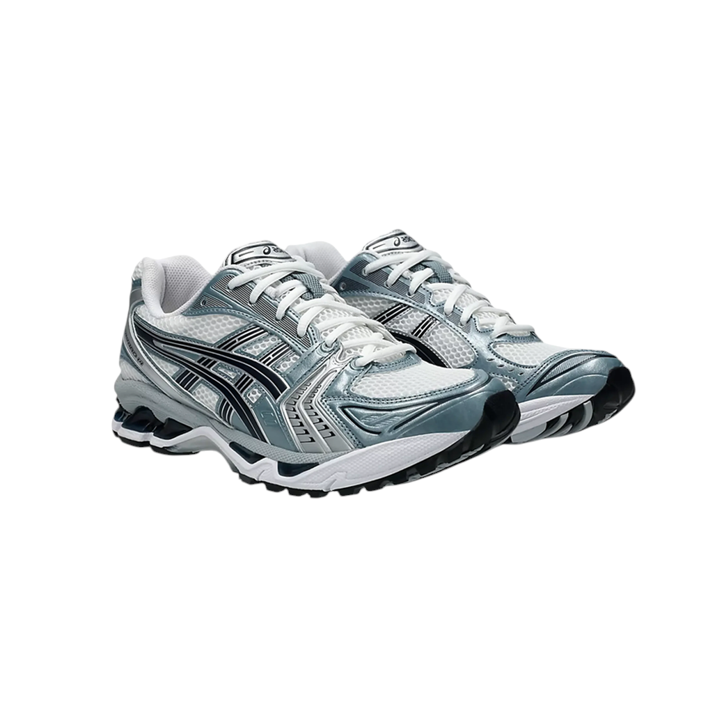 JeevzPlug ASICS Gel-Kayano 14 sneakers in Fjord Grey featuring a mesh and synthetic layered design with Gel cushioning.