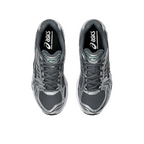Top view of JeevzPlug ASICS Gel-Kayano 14 sneakers in Metropolis grey and Jasper Green with metallic silver overlays.