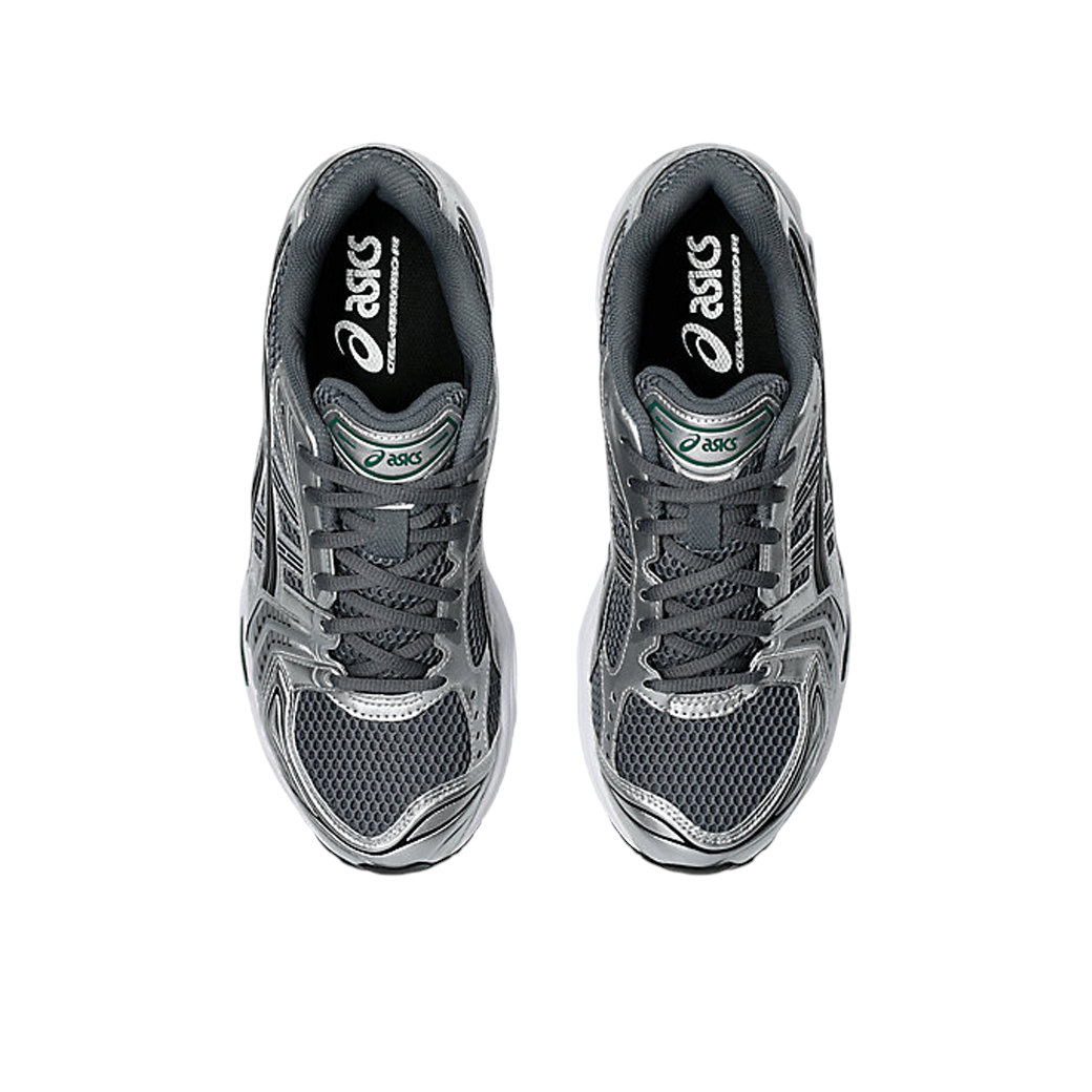 Top view of JeevzPlug ASICS Gel-Kayano 14 sneakers in Metropolis grey and Jasper Green with metallic silver overlays.