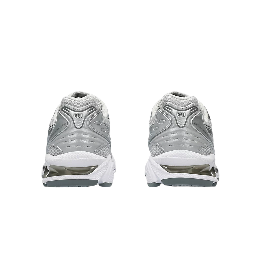 JeevzPlug ASICS Gel-Kayano 14 Cloud Grey women's sneakers showing the silver and grey heel design with GEL branding.