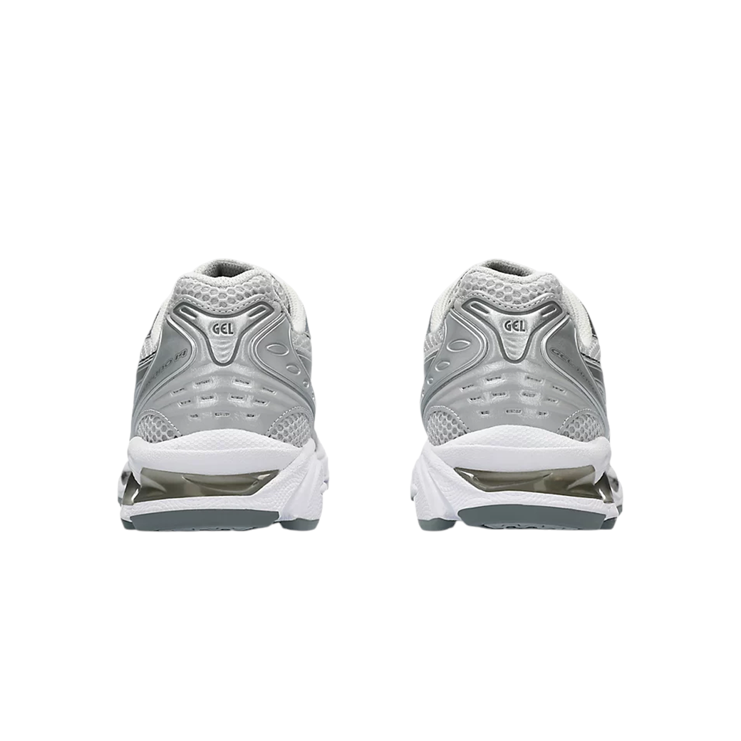 JeevzPlug ASICS Gel-Kayano 14 Cloud Grey women's sneakers showing the silver and grey heel design with GEL branding.