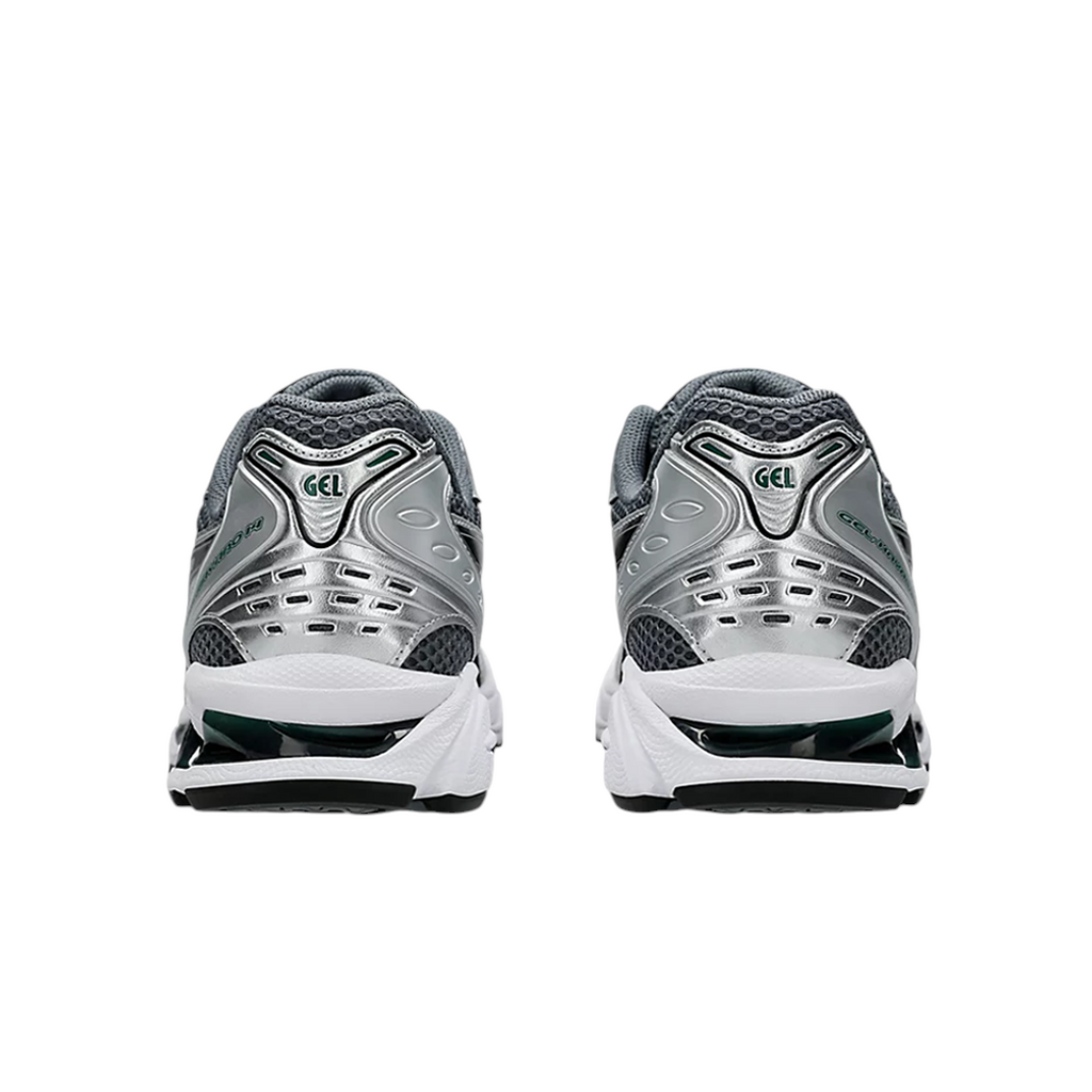 JeevzPlug ASICS Gel-Kayano 14 sneakers in Metropolis grey and metallic silver with Jasper Green accents, rear view.