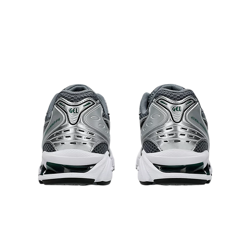 JeevzPlug ASICS Gel-Kayano 14 sneakers in Metropolis grey and metallic silver with Jasper Green accents, rear view.