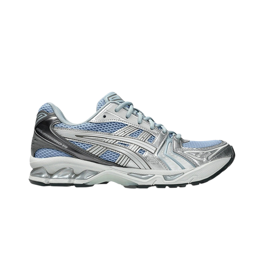 JeevzPlug ASICS Gel-Kayano 14 sneaker in Dolphin Grey and Pure Silver with mesh and metallic leather overlays.