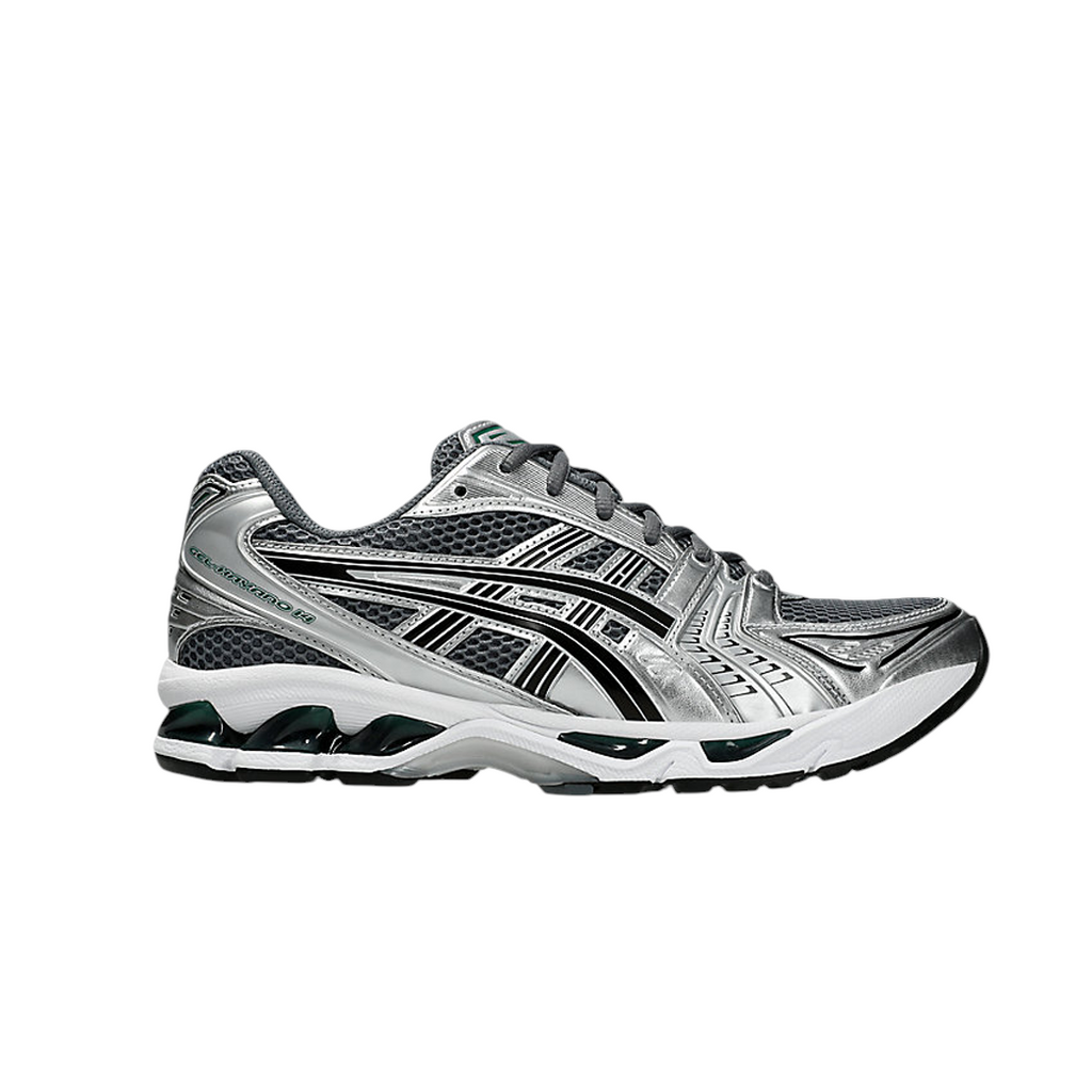 JeevzPlug ASICS Gel-Kayano 14 sneaker in Metropolis grey mesh with metallic silver overlays and Jasper Green accents.