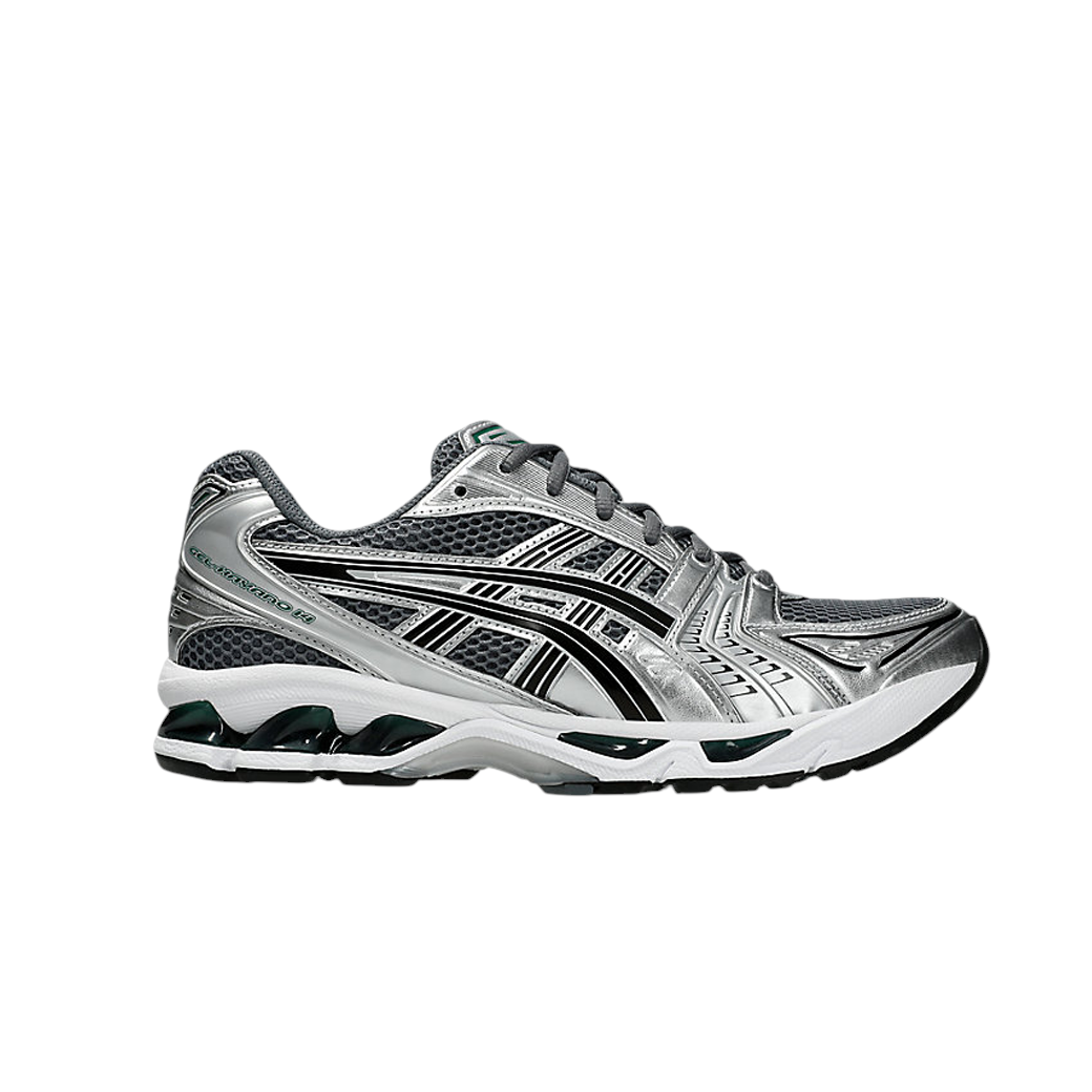 JeevzPlug ASICS Gel-Kayano 14 sneaker in Metropolis grey mesh with metallic silver overlays and Jasper Green accents.