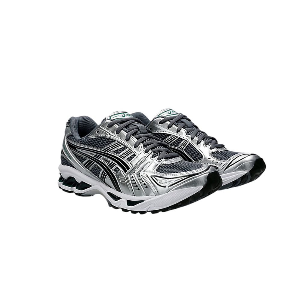 JeevzPlug ASICS Gel-Kayano 14 sneaker in Metropolis grey mesh with metallic silver leather and Jasper Green accents.