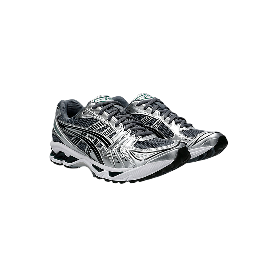 JeevzPlug ASICS Gel-Kayano 14 sneaker in Metropolis grey mesh with metallic silver leather and Jasper Green accents.