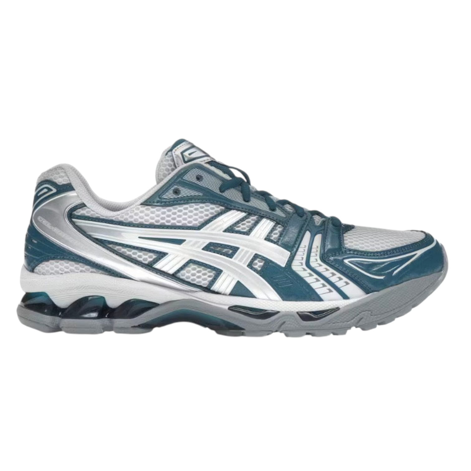 JeevzPlug Asics Gel Kayano 14 sneaker in glacier grey and pure silver with mesh panels and metallic side stripes