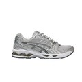JeevzPlug ASICS Gel-Kayano 14 women's sneaker in cloud grey mesh with silver metallic overlays and GEL cushioning.