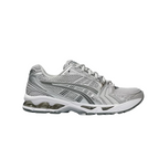 JeevzPlug ASICS Gel-Kayano 14 women's sneaker in cloud grey mesh with silver metallic overlays and GEL cushioning.