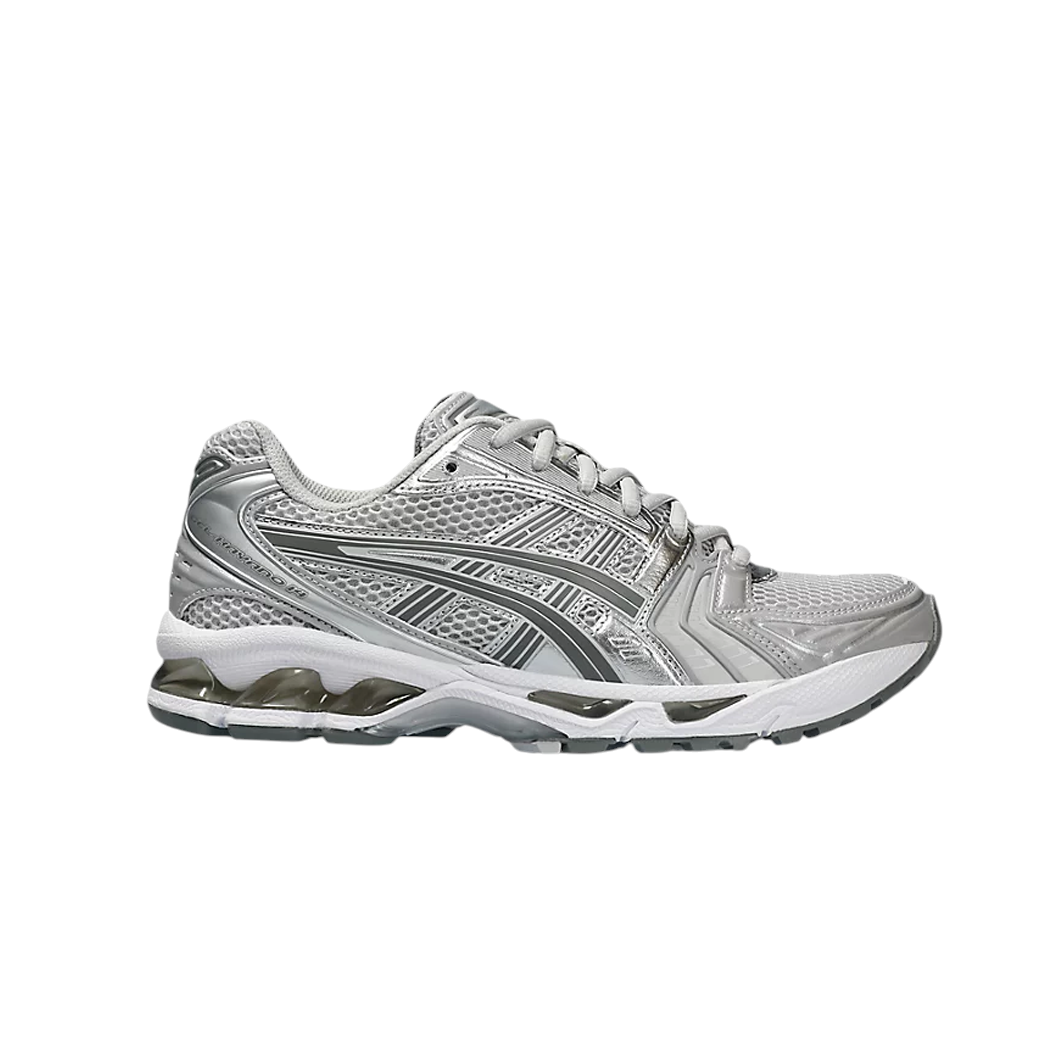 JeevzPlug ASICS Gel-Kayano 14 women's sneaker in cloud grey mesh with silver metallic overlays and GEL cushioning.