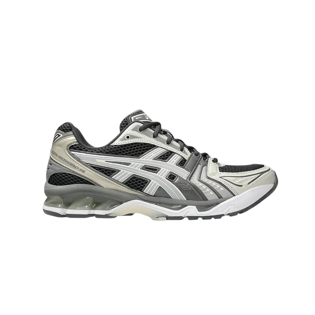 JeevzPlug ASICS Gel-Kayano 14 sneakers in obsidian black and cement grey with layered mesh and synthetic panels.