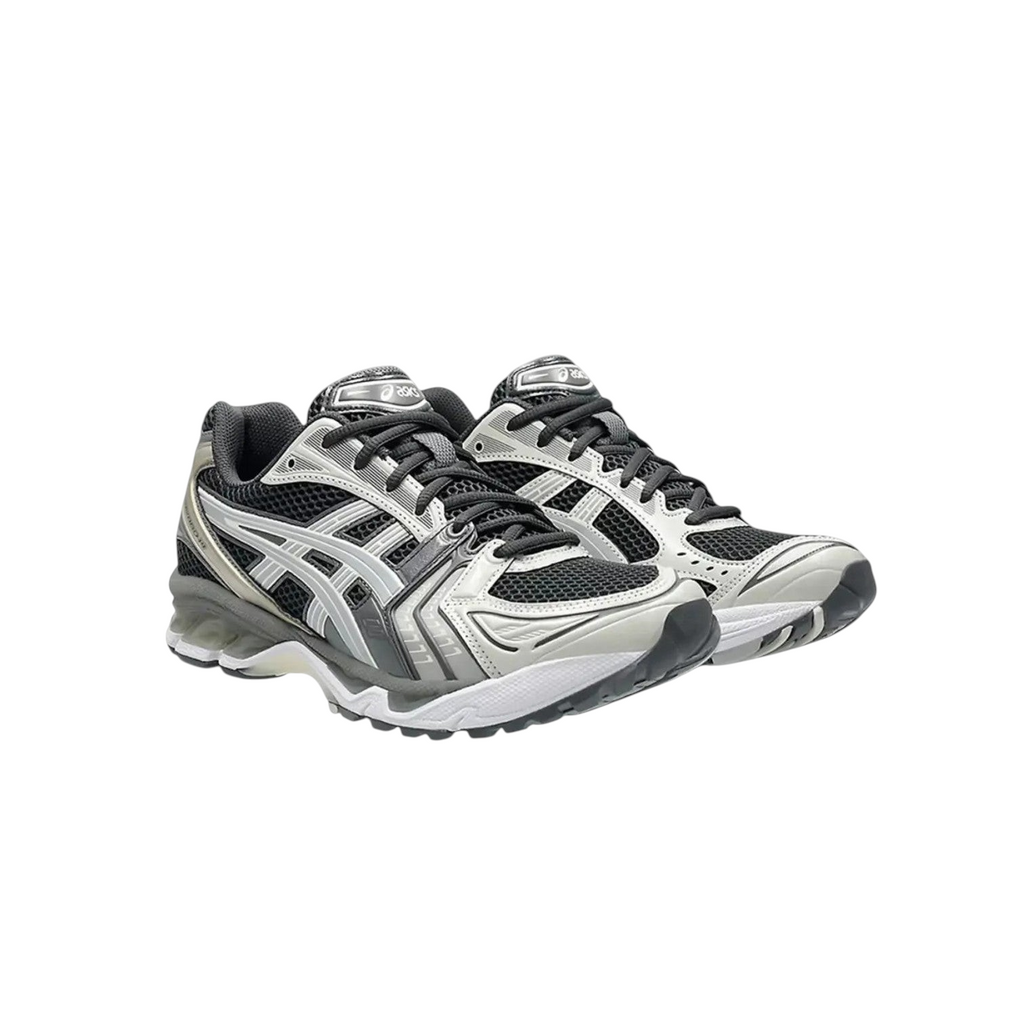 JeevzPlug ASICS Gel-Kayano 14 sneakers in obsidian black and cement grey with layered mesh and synthetic panels.