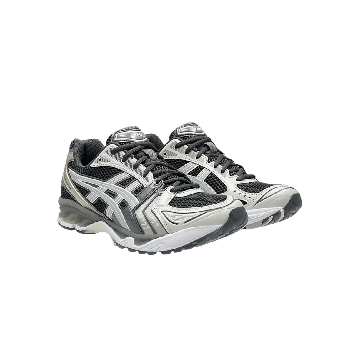 JeevzPlug ASICS Gel-Kayano 14 sneakers in obsidian black and cement grey with layered mesh and synthetic panels.