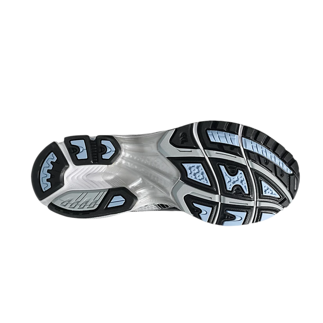 JeevzPlug JJJJound x ASICS Gel-Kayano 14 sneaker outsole in white, metallic silver, black, and baby blue