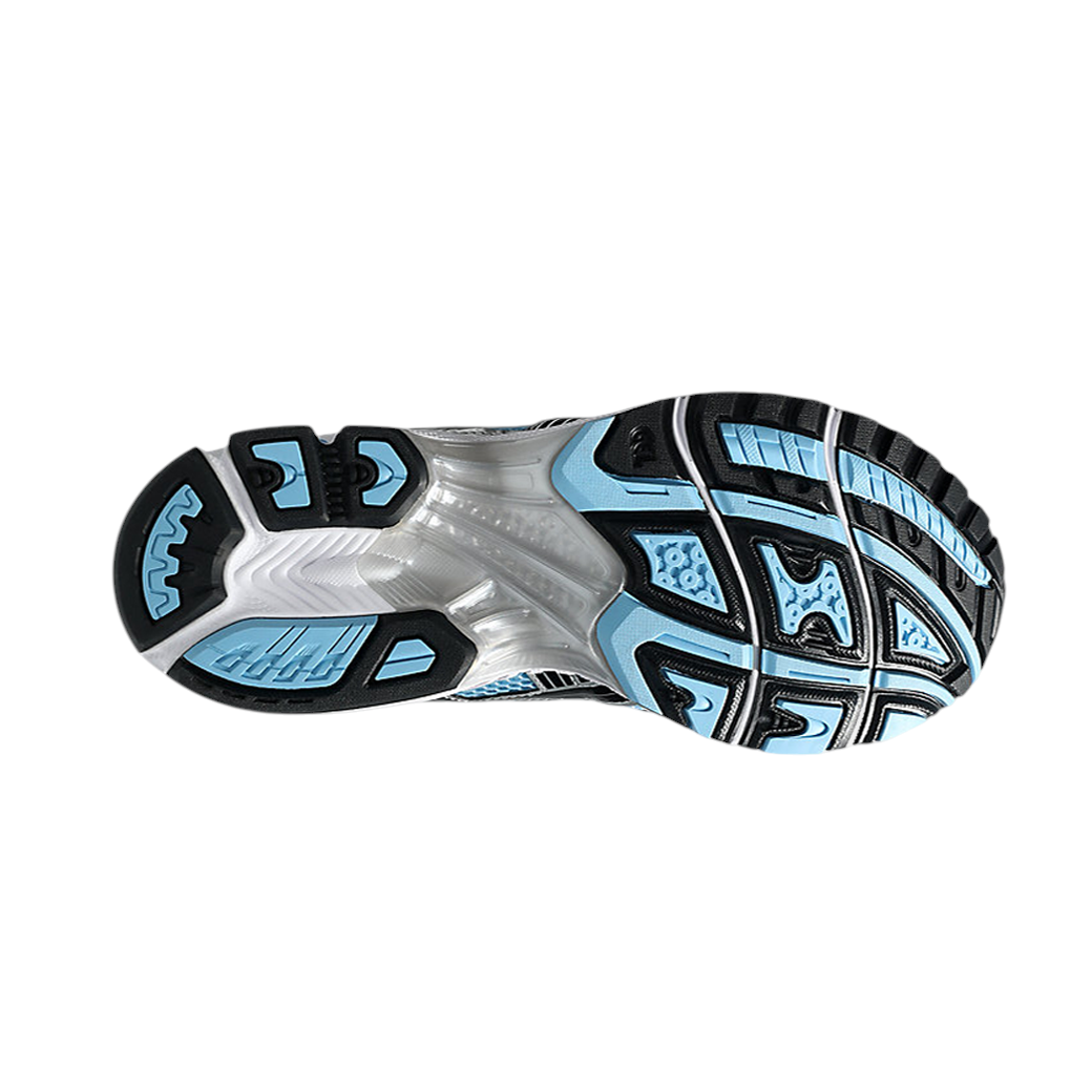 JeevzPlug ASICS Gel-Kayano 14 Arctic Sky Blue sneaker outsole showing blue and black traction pattern