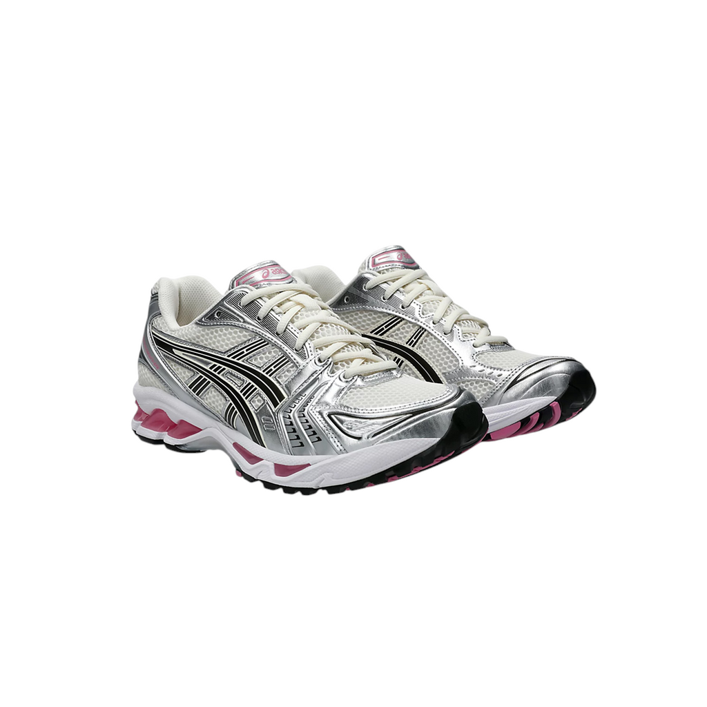 JeevzPlug ASICS Gel-Kayano 14 sneakers in cream and sweet pink with metallic silver overlays and mesh detailing.