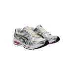 JeevzPlug ASICS Gel-Kayano 14 sneakers in cream and sweet pink with metallic silver overlays and mesh detailing.