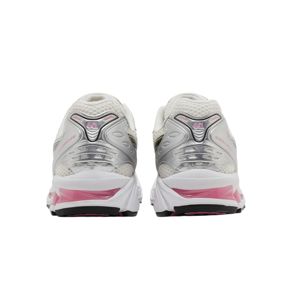 JeevzPlug ASICS Gel-Kayano 14 Sweet Pink sneakers showing the rear view with metallic silver and pink accents.