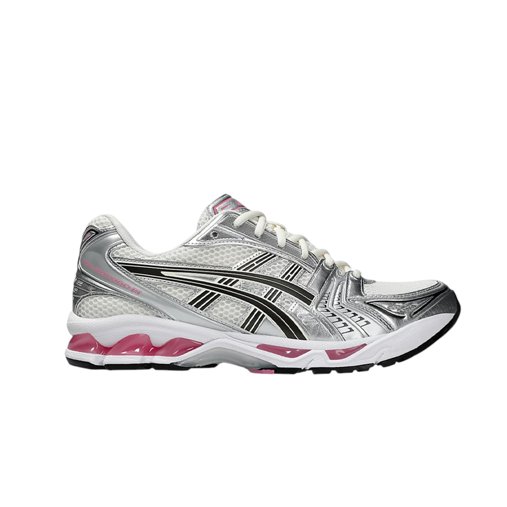 JeevzPlug ASICS Gel-Kayano 14 sneaker in cream and sweet pink with metallic silver overlays and gel cushioning