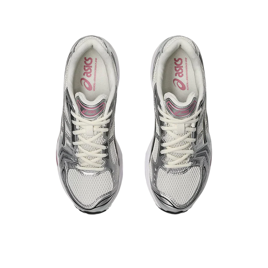 Top view of JeevzPlug ASICS Gel-Kayano 14 Sweet Pink sneakers featuring cream mesh and metallic silver overlays.