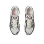 Top view of JeevzPlug ASICS Gel-Kayano 14 Sweet Pink sneakers featuring cream mesh and metallic silver overlays.