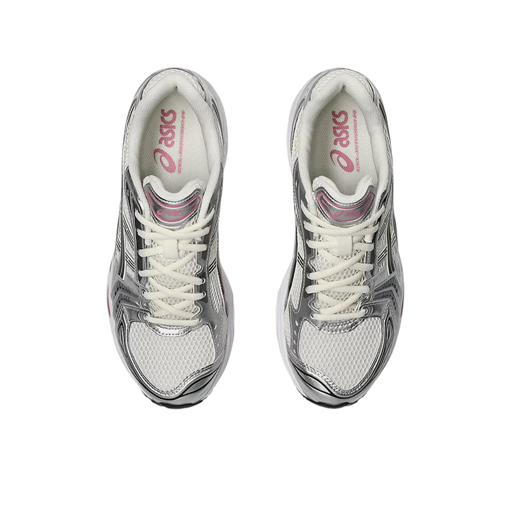 Top view of JeevzPlug ASICS Gel-Kayano 14 Sweet Pink sneakers featuring cream mesh and metallic silver overlays.