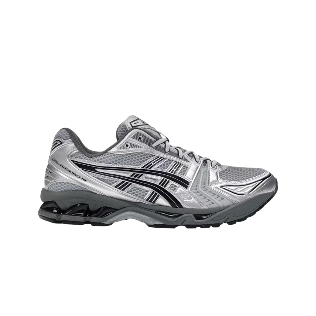 JeevzPlug ASICS Gel-Kayano 14 Urban Research sneaker in metallic silver and black with mesh and synthetic overlays.