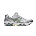 JeevzPlug ASICS Gel Kayano 14 sneakers in white, silver, and sage green with mesh and metallic overlays