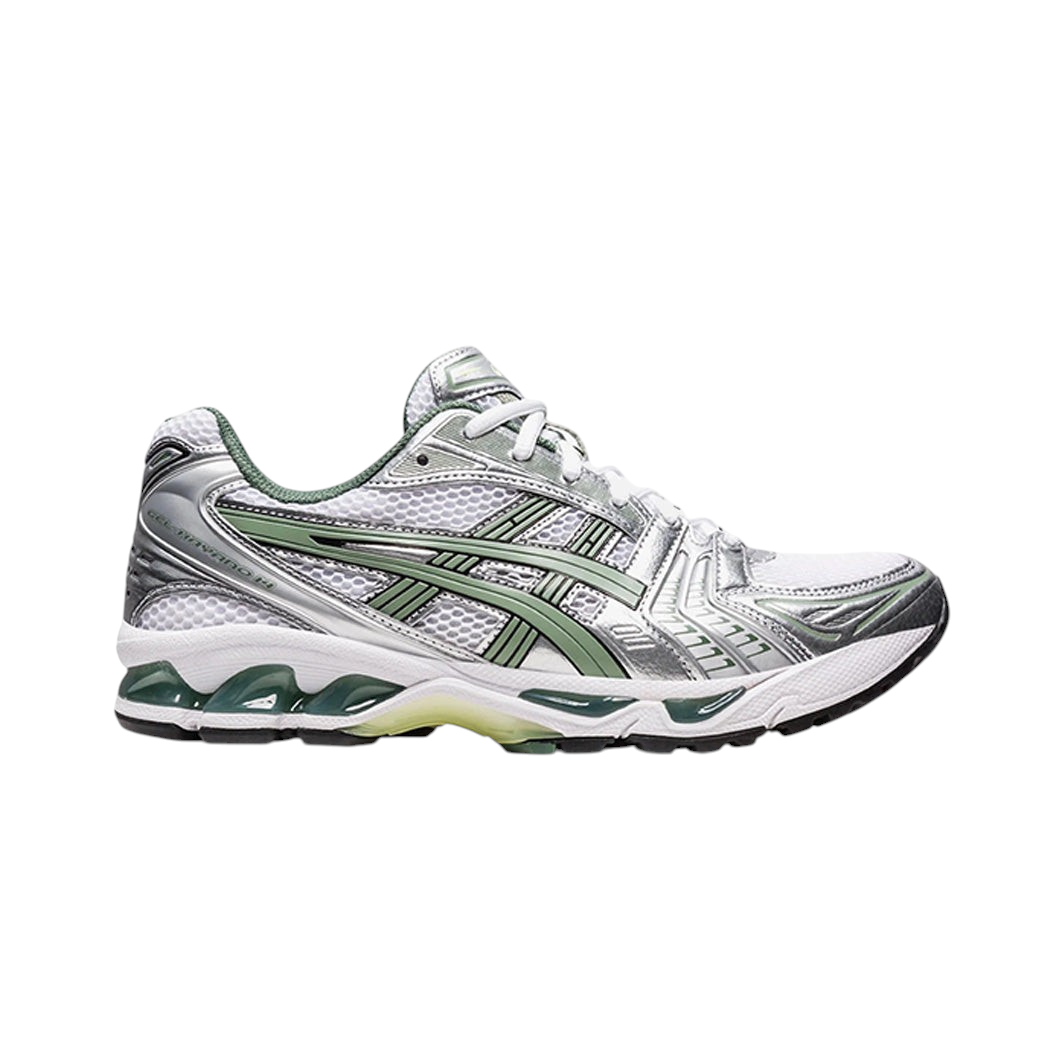 JeevzPlug ASICS Gel Kayano 14 sneakers in white, silver, and sage green with mesh and metallic overlays