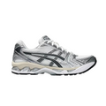 JeevzPlug ASICS Gel-Kayano 14 sneaker in white and graphite grey with breathable mesh and metallic silver overlays.