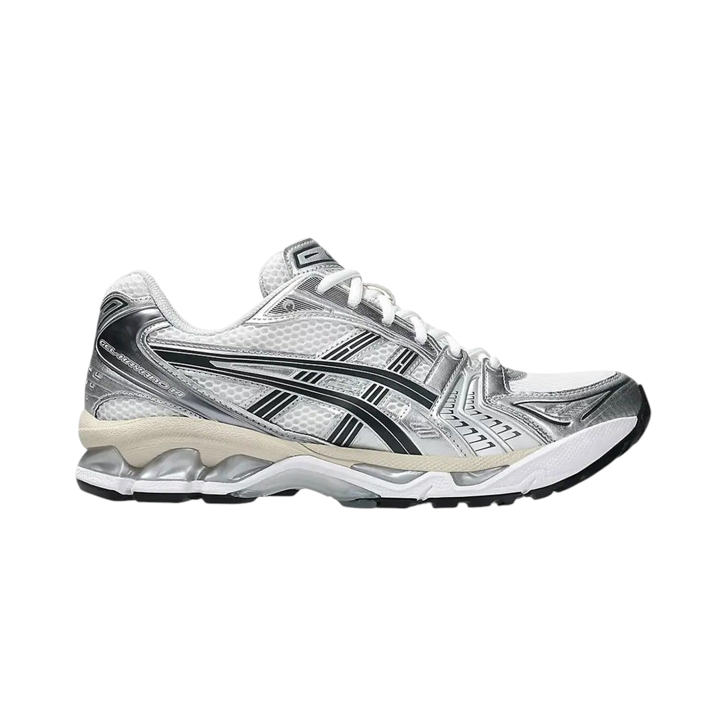 JeevzPlug ASICS Gel-Kayano 14 sneaker in white and graphite grey with breathable mesh and metallic silver overlays.