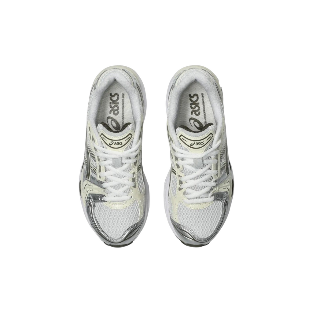 JeevzPlug ASICS Gel-Kayano 14 sneakers in white and ivory with metallic silver accents and mesh detailing