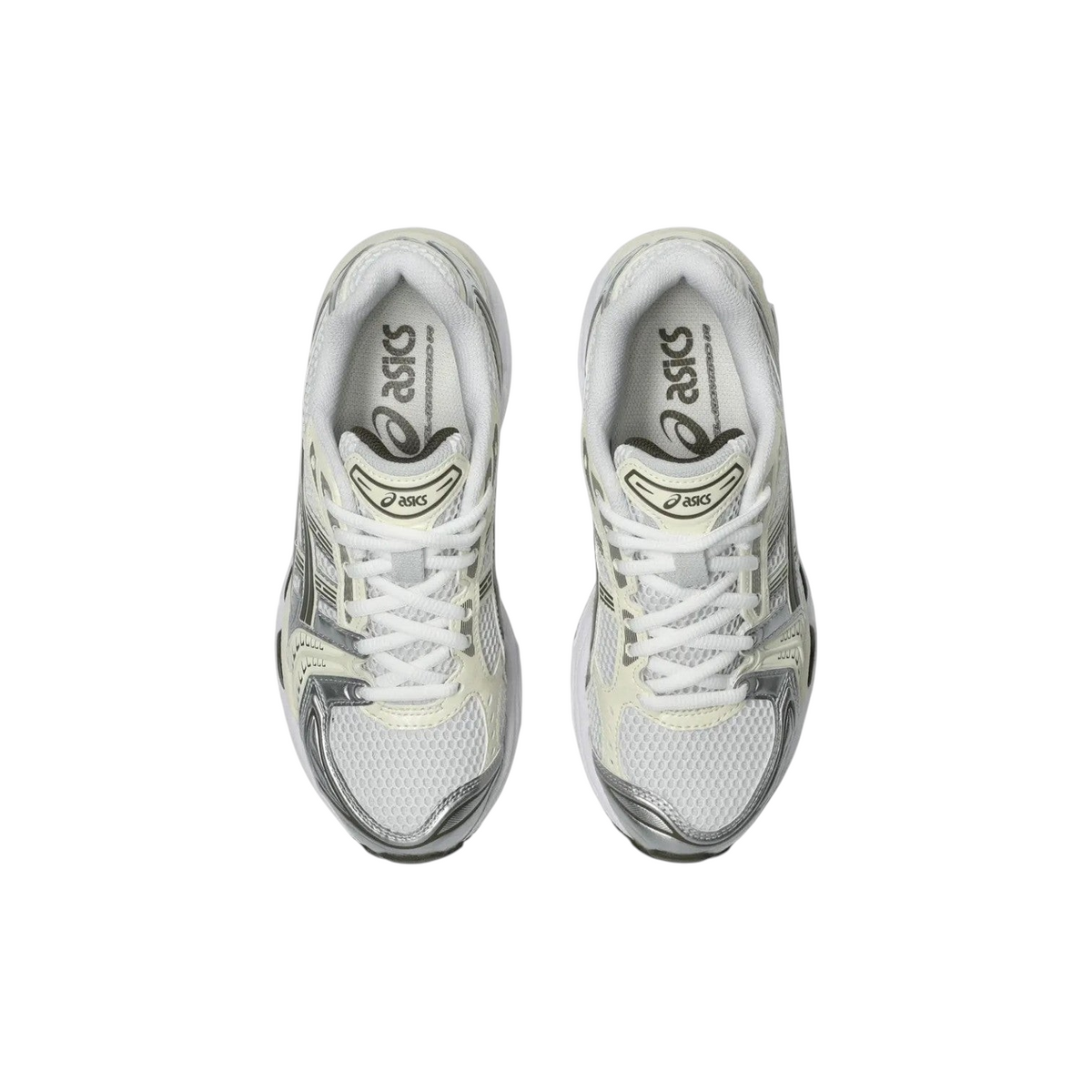 JeevzPlug ASICS Gel-Kayano 14 sneakers in white and ivory with metallic silver accents and mesh detailing