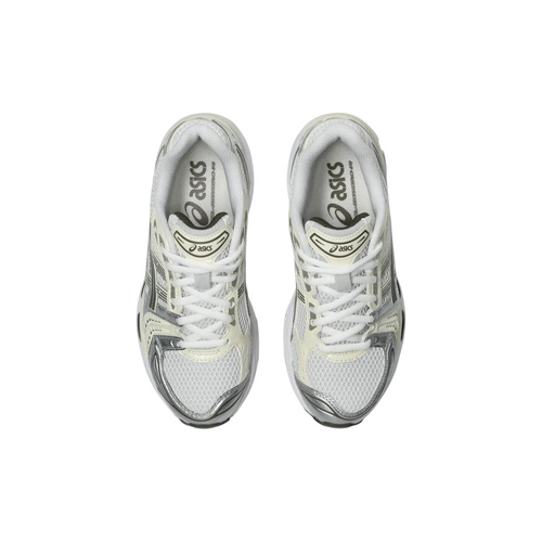 JeevzPlug ASICS Gel-Kayano 14 sneakers in white and ivory with metallic silver accents and mesh detailing