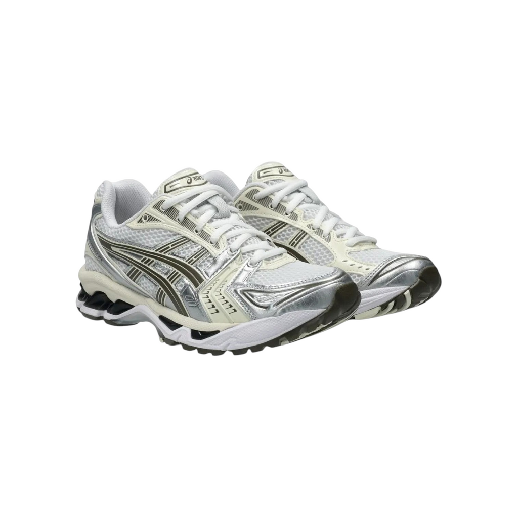 JeevzPlug ASICS Gel-Kayano 14 sneakers in white and ivory with metallic silver accents and GEL cushioning technology.