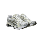 JeevzPlug ASICS Gel-Kayano 14 sneakers in white and ivory with metallic silver accents and GEL cushioning technology.
