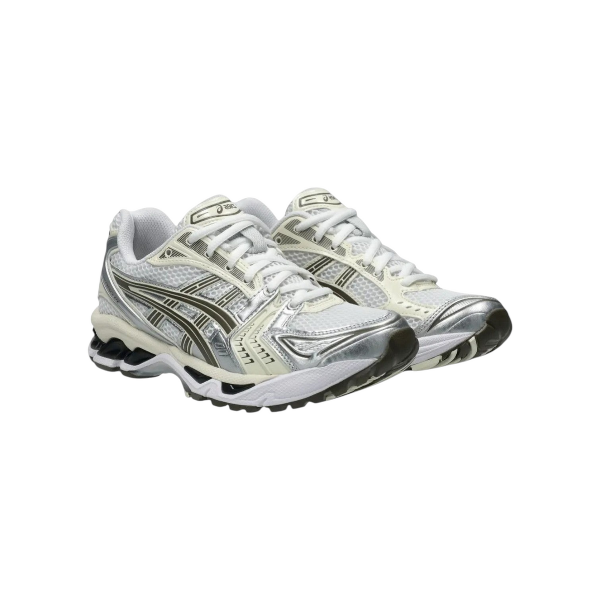 JeevzPlug ASICS Gel-Kayano 14 sneakers in white and ivory with metallic silver accents and GEL cushioning technology.