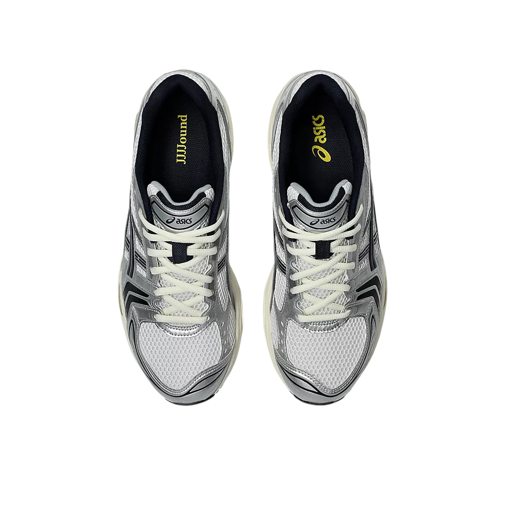 JeevzPlug JJJJound x ASICS Gel-Kayano 14 White Midnight sneakers featuring white mesh and navy overlays, top view.
