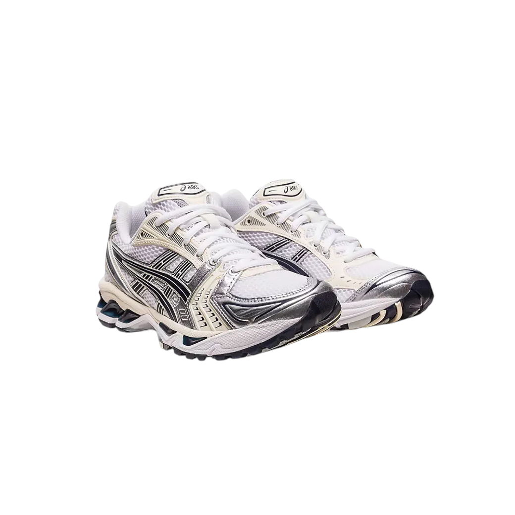 JeevzPlug ASICS Gel-Kayano 14 sneakers in white and midnight navy with metallic silver overlays and mesh upper.